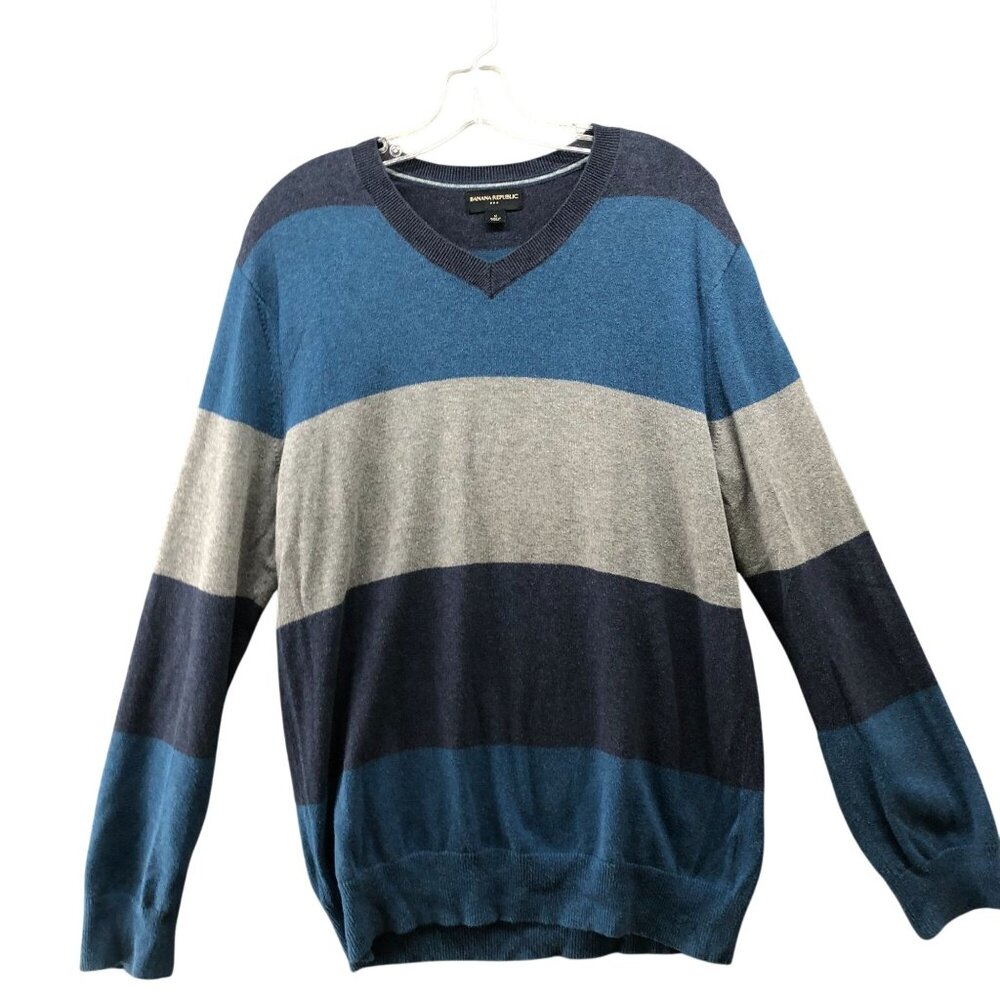 Banana‎ Republic Cotton Sweater Mens M Blue Striped Crewneck Pullover